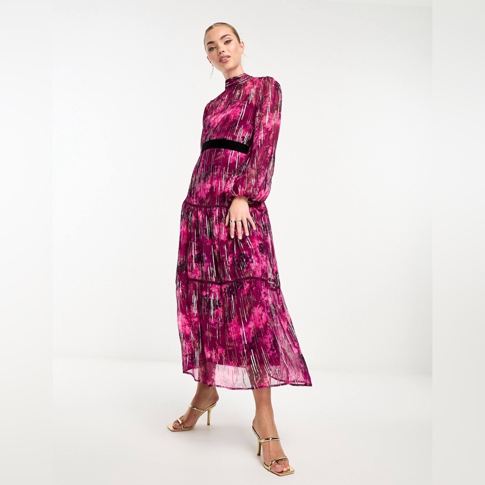 ASOS Hope and Ivy midi dress with balloon sleeves in pink